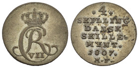 DANIMARCA. Christian VII (1766-1808). 4 Skilling 1807, zecca di Altona (Germania). MI (g 2,58). Monogramma coronato. R/ Leggenda con valore e data su ...