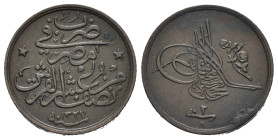 EGITTO. Mehmed V (1909-1914). 1/20 Qirsh 1327/2-H (1910), battuto a Birmingham. AE (g 3,36). Toughra; segno di zecca sotto. R/ Leggenda con data. KM 3...