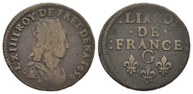 FRANCIA. Luigi XIV (1643-1715). 1 Liard 1656-G per Lusignan. CU (g 4,31). Busto coronato a destra. R/ Leggenda con segno di zecca e tre gigli. Dupless...