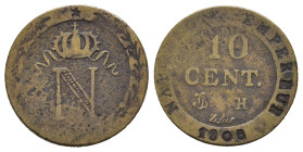 FRANCIA. Napoleone I (1804-1815). 10 Centesimi 1808-H per La Rochelle. MI (g 2,13). Grande N coronata. R/ Valore e data. KM 676.4. MB