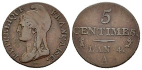 FRANCIA. Prima Repubblica (1792-1804). 5 Centesimi anno 4-A (1795), Parigi. Busto a sinistra con berretto frigio. R/ Valore e data su quattro righe. K...