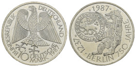 GERMANIA. Repubblica Federale. 10 Marchi 1987-J per Amburgo. AR (g 15,45). Aquila di fronte con ali spiegate (emblema della Repubblica Federale tedesc...