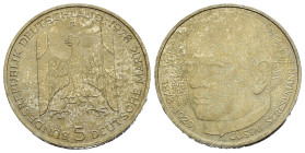 GERMANIA. Repubblica Federale. 5 Marchi 1978-D per Monaco. AR (g 11,14). Centenario della nascita di Gustav Stresemann. Aquila di fronte con ali spieg...