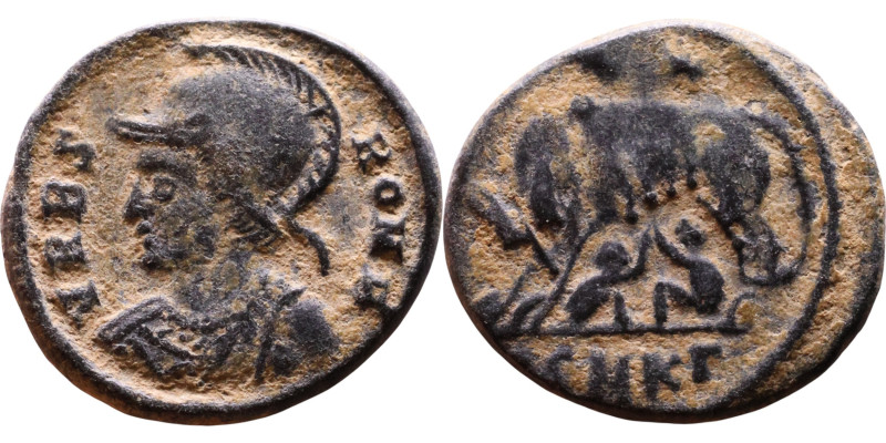 Constantinus I. (306-337 AD). Follis Obv: VRBS ROMA. helmeted bust of Constantin...