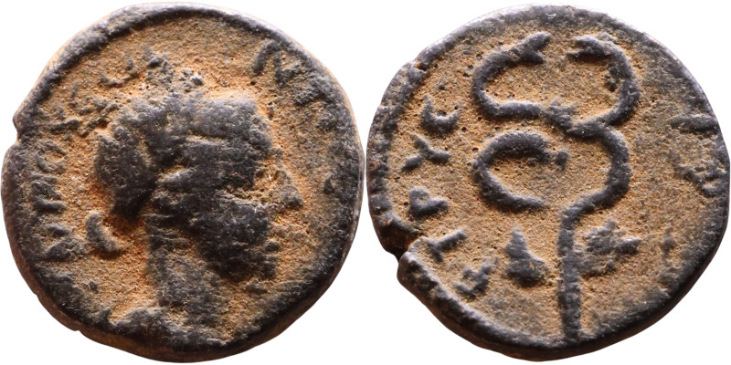 Elagabalus (218-222) bronze coin. Obv: Bust of emperor. Rev: Winged caduceus

...
