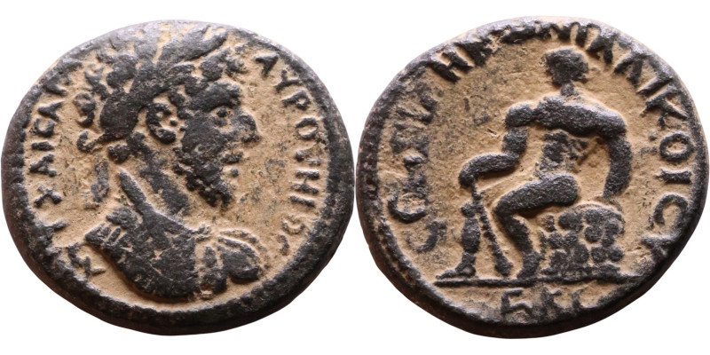 Marcus Aurelius (161-180) Abila in the Syrian Decapolis Bronze coin. Obverse: Bu...