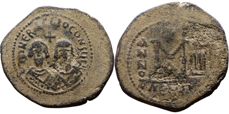 Heraclius and the Exarch Heraclius (608-610) Follis Obverse: Bare-headed and man...