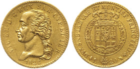 REGNO DI SARDEGNA - Vittorio Emanuele I (1802-1821) 20 Lire 1820 - Mont. 21b; Au R4. Variante "testa di cane" nel taglio. La “testa di cane” si trova ...