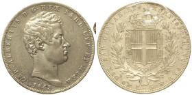 REGNO DI SARDEGNA Carlo Alberto (1831-1849) 5 Lire 1843 Genova - Gig. 77 AG Periziata da Erpini SPL