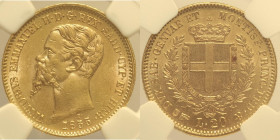 REGNO DI SARDEGNA Vittorio Emanuele II (1849-1861) - 20 Lire 1855 Torino - Gig. 10 AU Oro Gold  In Slab NGC MS62