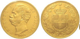 REGNO D'ITALIA - Umberto I (1800-1896) 100 Lire 1883 Roma Gig. 3 R AU Oro Gold Periziata Zanirato SPL/FDC con la nota "fondi lucenti"