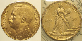 REGNO D’ITALIA Vittorio Emanuele III (1900-1943) 50 Lire 1912 Roma Gig 16 R AU Oro Gold Periziata Grimoldi SPL/FDC