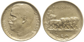 REGNO D’ITALIA Vittorio Emanuele III (1900-1943) 50 Centesimi Leoni 1924 contorno Rigato, Gig.169 R Ni gr. 5,97