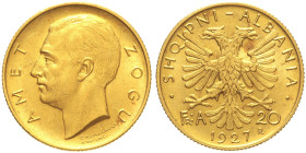 ALBANIA -Ahmet Zogu (1925-1939) 20 Franga Ari 1927 Roma. KM 10; Fried 2. R AU Oro Gold gr. 6,45