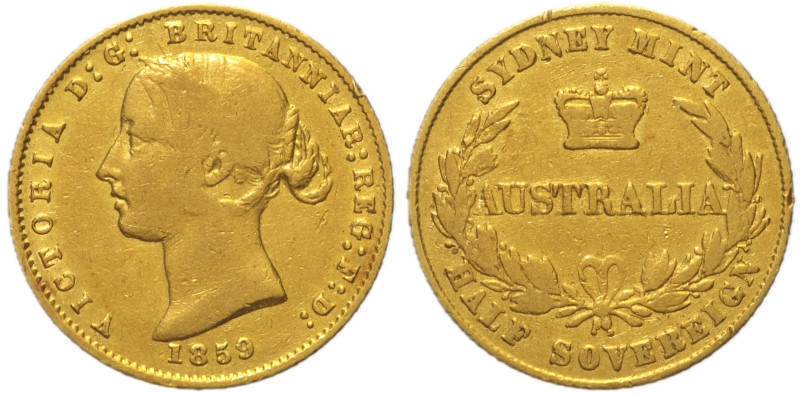 AUSTRALIA Victoria (1837-1901) Half Sovereign 1859 Sydney. KM 3. R Au Oro Gold g...