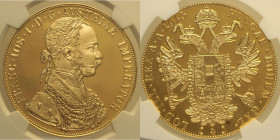 AUSTRIA - Francesco Giuseppe (1848-1916)  4 Ducati 1915 Restrike km 2276  AU Oro Gold In Slab NGC MS 66 Fondi a specchio e rilievi satinati. Conservaz...