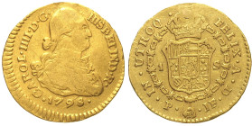 COLOMBIA - Carlo III (1759-1788) 1 Scudo 1798 P Popayan Km 56.2. AU Oro Gold gr.  3,3 foro otturato e proveniente da montatura