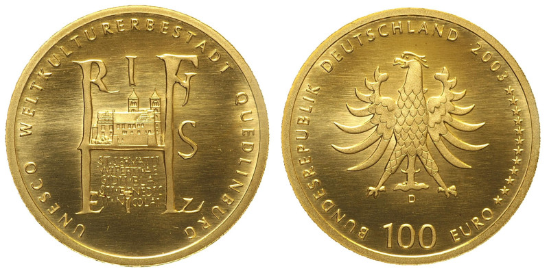 GERMANIA - 100 Euro 2003 UNESCO KM#228 Au 999/1000 gr. 15,55 Con astuccio e cert...