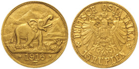 GERMAN EAST AFRICA - Guglielmo II (1888-1918) 15 Rupie 1916 T Tabora (Tanzania) Fr. 2 KM. 16.1 RR  Au Oro Gold g 7,33