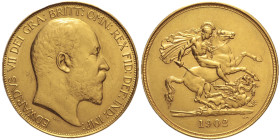 GRAN BRETAGNA - Edoardo VII (1901-1910) 5 Sterline 1902. D/ Testa nuda a d. - R/ San Giorgio a cavallo trafigge il drago. - KM807 AU Oro Gold gr 39,85...