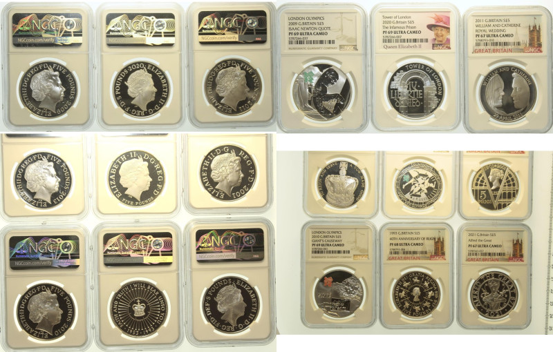 GRAN BRETAGNA - Elisabetta II (1952-2022) Lotto di 9 pezzi da 5 pounds in AG Pro...