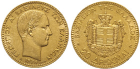 GRECIA - Giorgio I (1863-1913) 20 Dracme 1876 A Parigi Fr 15 RR AU Oro Gold  gr. 6,43 Bel metallo lucente. Di qualità inusuale.