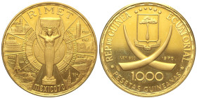 GUINEA EQUATORIALE -  Repubblica. 1000 pesetas guineanas 1970 Fr. 2; KM. 30. AU Oro Gold gr. 14,25 Mondiale di Calcio - México ‘70. Coniazione di soli...