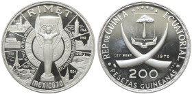 GUINEA EQUATORIALE -  Repubblica. 200 pesetas guineanas 1970 KM 18.1 AG gr 40,34 Mondiale di Calcio - México ‘70. Solo 4200 pezzi coniati. In perfect ...