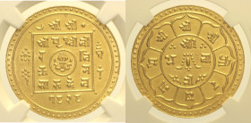 NEPAL Prithvi Bir Bikram, (1881-1911) Tola, SE1828 (AD 1906). KM-675.1. AU Oro Gold In slab NGC MS 62