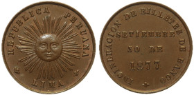 PERU' - Repubblica - Medaglia per l'incenerimento delle banconote del 30 settembre 1877 CU gr 4,50
