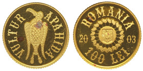 ROMANIA - Repubblica (1990-2005) 100 Lei 2003 Elmetto d'oro di Coțofenești, Poiana. KM#198 Au Oro Gold gr 1,23