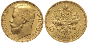 RUSSIA - Nicola II (1894-1917) 15 Rubli 1897 San pietroburgo. Bit.2.  Au Oro Gold gr 12,88 un paio di colpetti al bordo