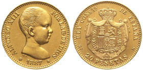 SPAGNA- Alfonso XIII ( 1886-1931) 20 Pesetas 1887 (1961) Fr Var 625 RRR Solo 800 esemplari coniati. Au Oro Gold gr 6,45