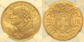 SVIZZERA - Confederazione (dal 1848) 20 Francs 1926 B Berna KM35 AU Oro Gold In Slab NGC MS 65+