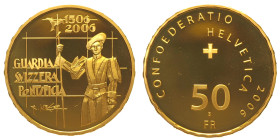 "SVIZZERA CONFEDERAZIONE 50 Franchi 2006 ""500° anniversario della Guardia Svizzera Pontificia"" Fb. 526 Au Oro Gold g 11,27 In elegante astuccio