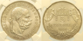 UNGHERIA Francesco Giuseppe I (1848-1916) 5 Corone 1900 Fruhwald 2106 AG In Slab NGC MS 63