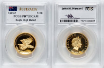 Elizabeth II gold Proof High Relief "Wedge-Tailed Eagle" 100 Dollars (1 oz) 2015-P PR70 Deep Cameo PCGS, Perth mint, KM-Unl. Label hand-signed by John...