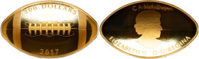 Elizabeth II gold Proof "Football" 200 Dollars 2017 PR70 NGC, Royal Canadian mint, KM-Unl. Mintage: 550. 44 x 26.4mm. First Day of Issue. Label hand-s...