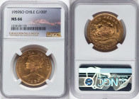 Republic gold 100 Pesos 1959-So MS66 NGC, Santiago mint, KM175. Boasting a frosty bust and semi-glossy fields, shy of a Prooflike designation. From th...