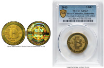 Casacius brass Unloaded (Redeemed) 0.5 Bitcoin (BTC) 2013 MS67 PCGS, Ahonen-pg 100. Total Issued: 3,084. Series 2. Type PF. 25.4mm. Firstbits 125LbEKd...