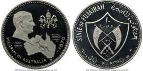 Muhammad bin Hamad al-Sharqi silver Proof "Visit of Pope Paul VI in Australia" 10 Riyals AH 1389 (1970) PR69 Ultra Cameo NGC, KM21. #16001. From the G...