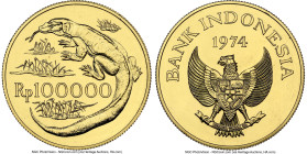 Republic gold "Komodo Dragon" 100000 Rupiah 1974 MS64 NGC, British Royal Mint, KM41. Mintage: 5,333. Conservation series. Accompanied by COA. HID09801...