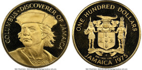 Elizabeth II gold "Christopher Columbus" 100 Dollars 1975-FM PR66 Ultra Cameo NGC, Franklin mint, KM67. The gleaming frosted devices pop above the dar...