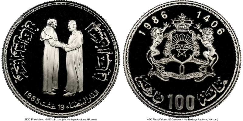 al-Hassan II silver Proof "Papal Visit" 100 Dirhams AH 1406 / 1986 PR70 Ultra Ca...