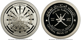 Qabus bin Sa'id silver Proof "Heritage Year" 1/2 Omani Rial AH 1414 / 1994 PR70 Ultra Cameo NGC, KM92. Mintage: 840. From the Globus Collection HID098...