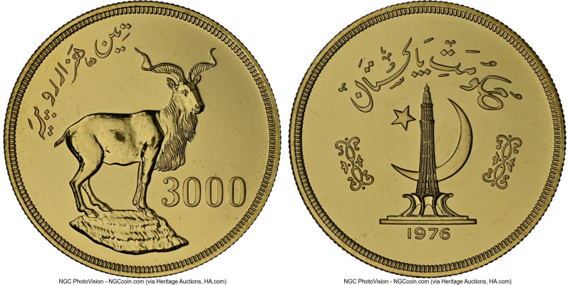 Republic gold "Astor Markhor" 3000 Rupees 1976 MS63 NGC, British Royal Mint, KM4...