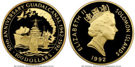 British Colony. Elizabeth II 4-Piece gold "Battle of Guadalcanal" Proof Set 1992 NGC, 1) 100 Dollars PR70 Ultra Cameo, KM45. Estimated Mintage: 500 2)...