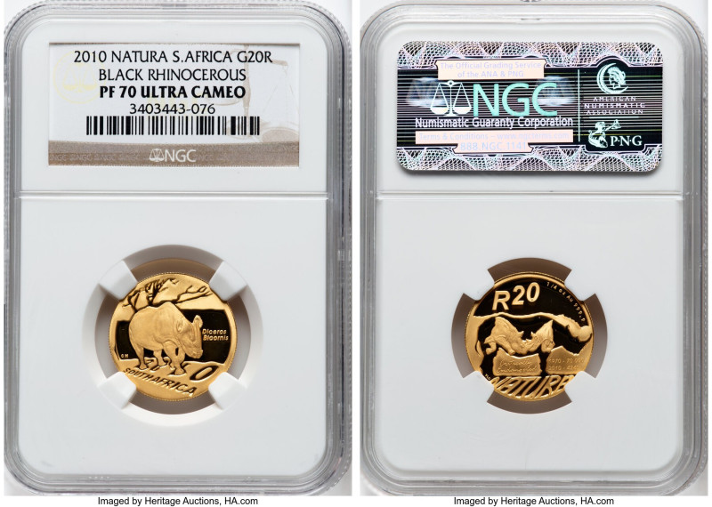 Republic gold Proof "Natura - Black Rhinoceros" 20 Rand (1/4 oz) 2010 PR70 Ultra...