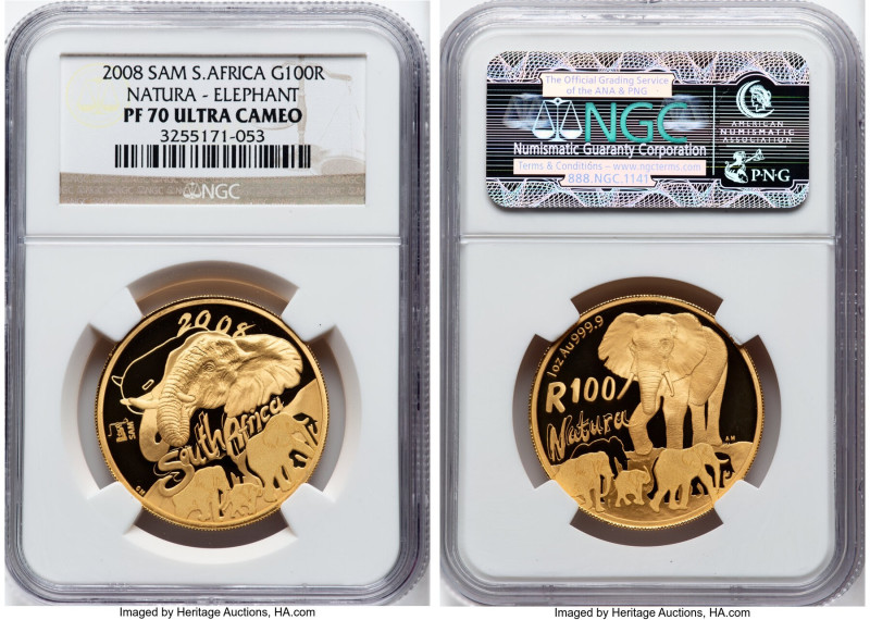Republic gold Proof "Natura - Elephant" 100 Rand 2008 PR70 Ultra Cameo NGC, Sout...