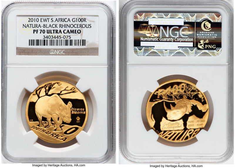 Republic gold Proof "Natura - Black Rhinoceros" 100 Rand (1 oz) 2010-EWT PR70 Ul...